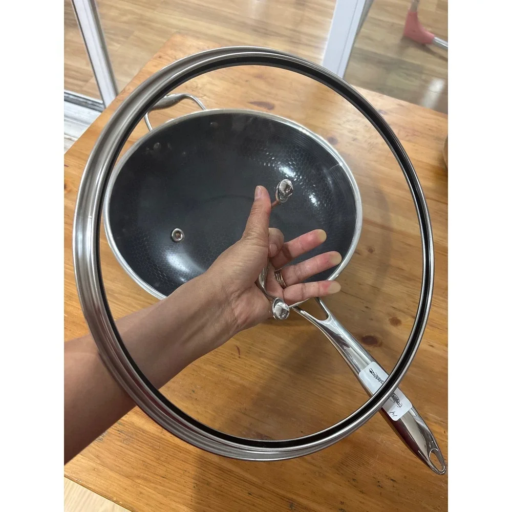 HexClad 12 Inch Hybrid Nonstick Wok with Glass Lid CBY30523 Stainless Steel